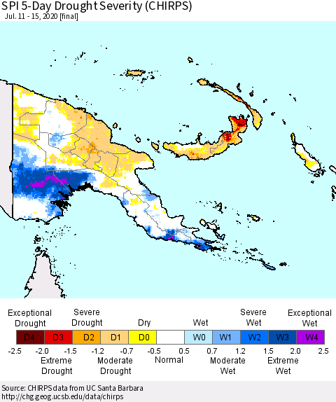 Papua New Guinea SPI 5-Day Drought Severity (CHIRPS) Thematic Map For 7/11/2020 - 7/15/2020
