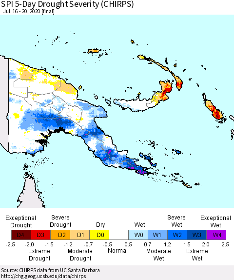 Papua New Guinea SPI 5-Day Drought Severity (CHIRPS) Thematic Map For 7/16/2020 - 7/20/2020