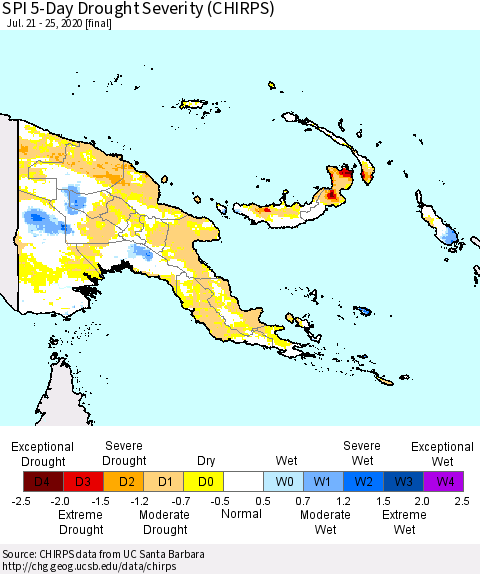 Papua New Guinea SPI 5-Day Drought Severity (CHIRPS) Thematic Map For 7/21/2020 - 7/25/2020