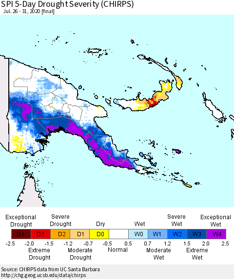 Papua New Guinea SPI 5-Day Drought Severity (CHIRPS) Thematic Map For 7/26/2020 - 7/31/2020