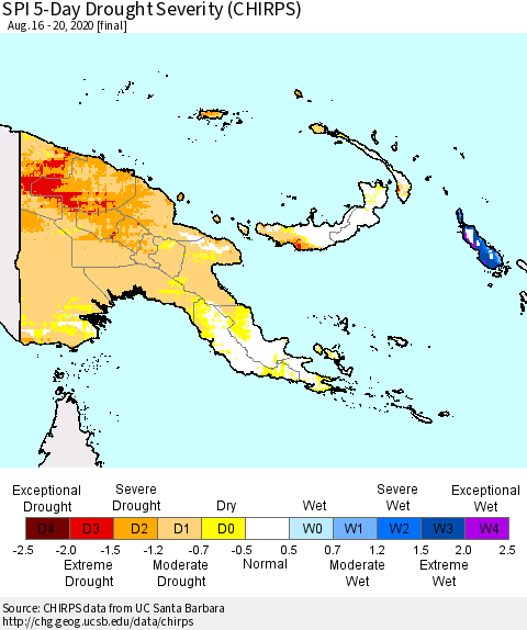 Papua New Guinea SPI 5-Day Drought Severity (CHIRPS) Thematic Map For 8/16/2020 - 8/20/2020