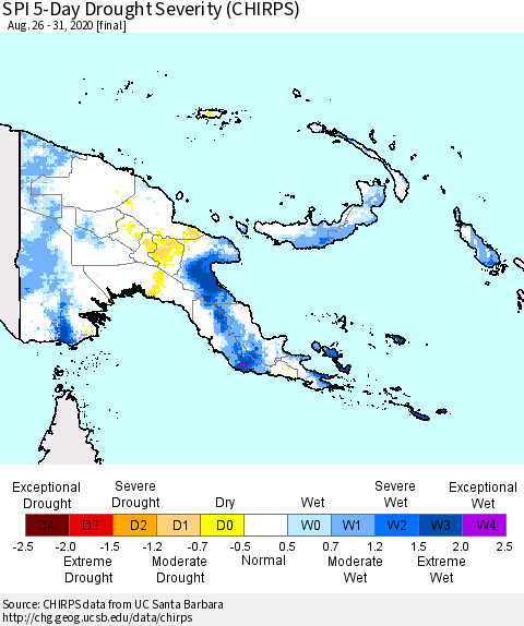 Papua New Guinea SPI 5-Day Drought Severity (CHIRPS) Thematic Map For 8/26/2020 - 8/31/2020