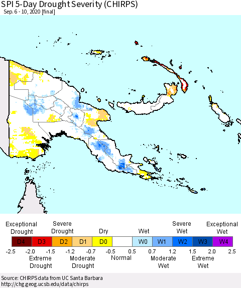Papua New Guinea SPI 5-Day Drought Severity (CHIRPS) Thematic Map For 9/6/2020 - 9/10/2020