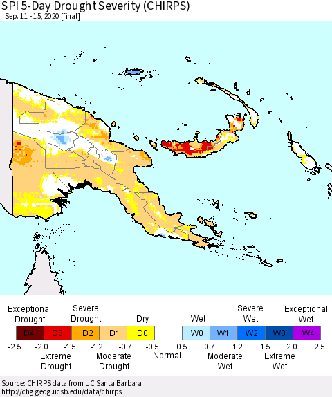 Papua New Guinea SPI 5-Day Drought Severity (CHIRPS) Thematic Map For 9/11/2020 - 9/15/2020