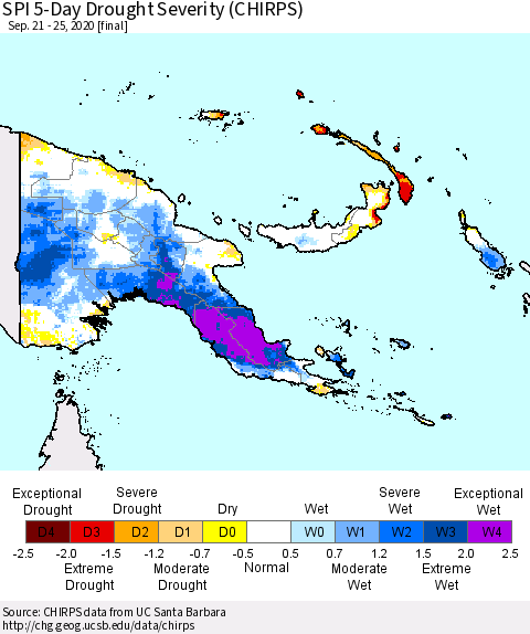 Papua New Guinea SPI 5-Day Drought Severity (CHIRPS) Thematic Map For 9/21/2020 - 9/25/2020