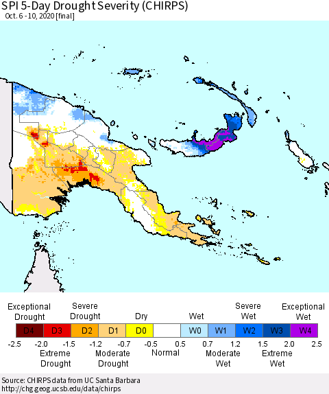 Papua New Guinea SPI 5-Day Drought Severity (CHIRPS) Thematic Map For 10/6/2020 - 10/10/2020