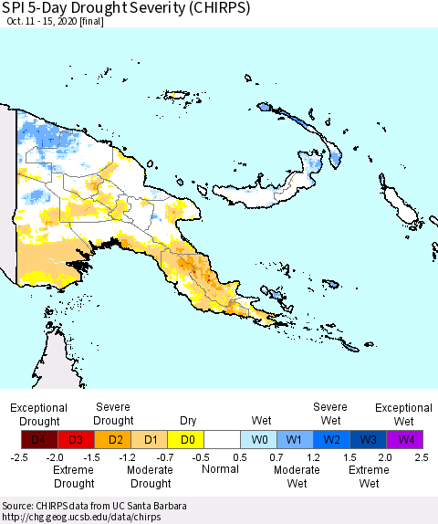 Papua New Guinea SPI 5-Day Drought Severity (CHIRPS) Thematic Map For 10/11/2020 - 10/15/2020