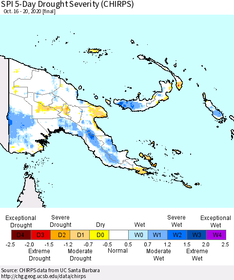 Papua New Guinea SPI 5-Day Drought Severity (CHIRPS) Thematic Map For 10/16/2020 - 10/20/2020