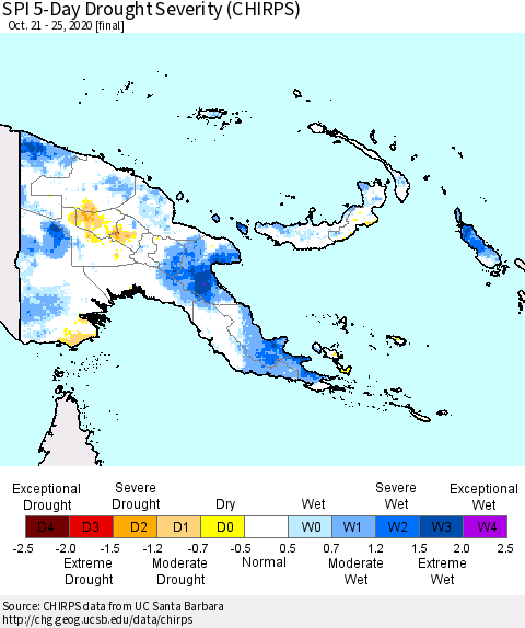 Papua New Guinea SPI 5-Day Drought Severity (CHIRPS) Thematic Map For 10/21/2020 - 10/25/2020