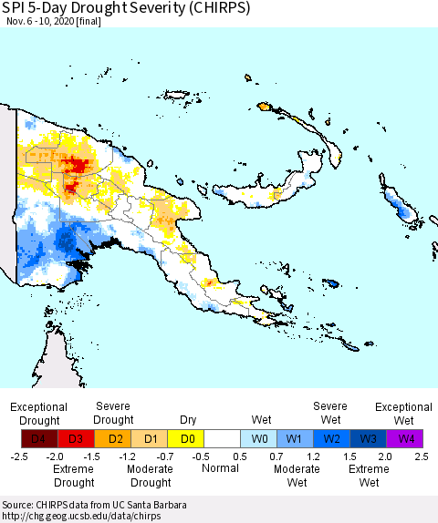 Papua New Guinea SPI 5-Day Drought Severity (CHIRPS) Thematic Map For 11/6/2020 - 11/10/2020