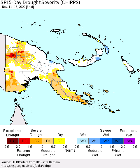 Papua New Guinea SPI 5-Day Drought Severity (CHIRPS) Thematic Map For 11/11/2020 - 11/15/2020