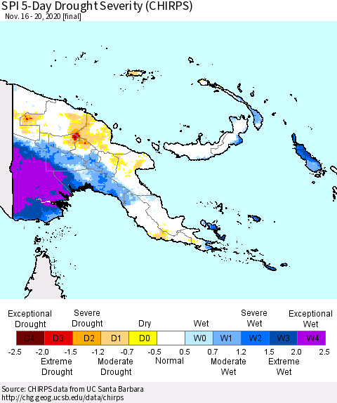 Papua New Guinea SPI 5-Day Drought Severity (CHIRPS) Thematic Map For 11/16/2020 - 11/20/2020
