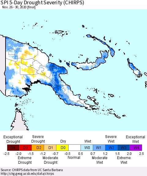 Papua New Guinea SPI 5-Day Drought Severity (CHIRPS) Thematic Map For 11/26/2020 - 11/30/2020
