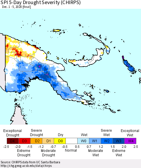 Papua New Guinea SPI 5-Day Drought Severity (CHIRPS) Thematic Map For 12/1/2020 - 12/5/2020