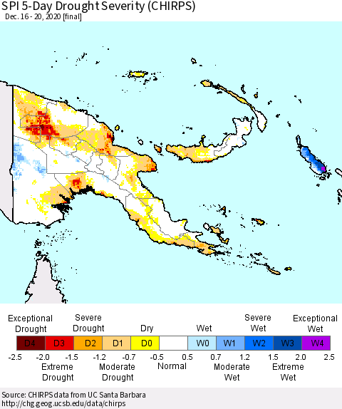 Papua New Guinea SPI 5-Day Drought Severity (CHIRPS) Thematic Map For 12/16/2020 - 12/20/2020
