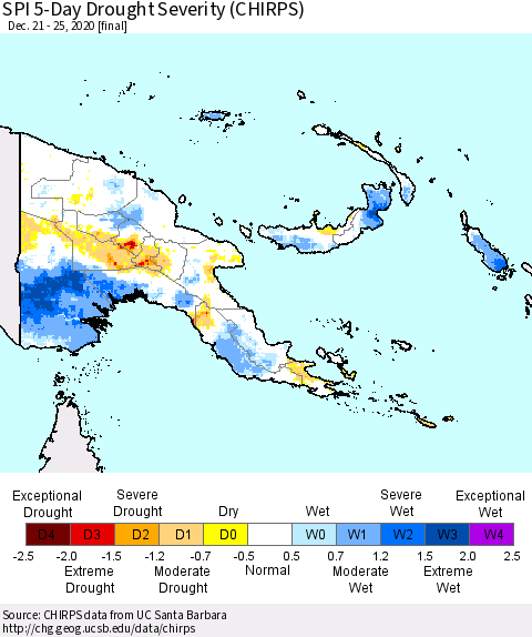 Papua New Guinea SPI 5-Day Drought Severity (CHIRPS) Thematic Map For 12/21/2020 - 12/25/2020