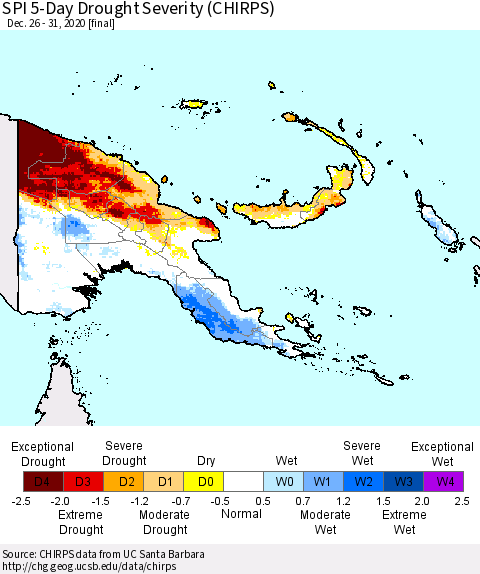 Papua New Guinea SPI 5-Day Drought Severity (CHIRPS) Thematic Map For 12/26/2020 - 12/31/2020