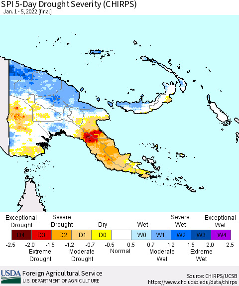 Papua New Guinea SPI 5-Day Drought Severity (CHIRPS) Thematic Map For 1/1/2022 - 1/5/2022