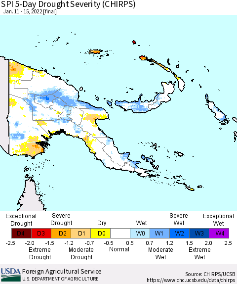 Papua New Guinea SPI 5-Day Drought Severity (CHIRPS) Thematic Map For 1/11/2022 - 1/15/2022