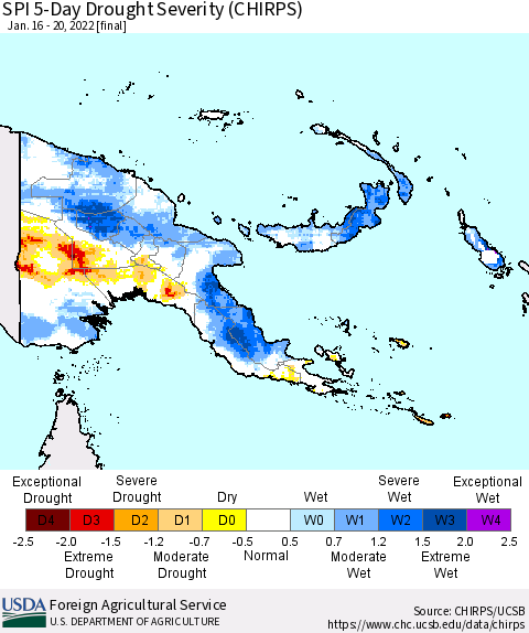 Papua New Guinea SPI 5-Day Drought Severity (CHIRPS) Thematic Map For 1/16/2022 - 1/20/2022