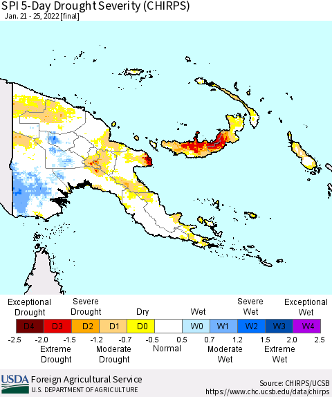 Papua New Guinea SPI 5-Day Drought Severity (CHIRPS) Thematic Map For 1/21/2022 - 1/25/2022