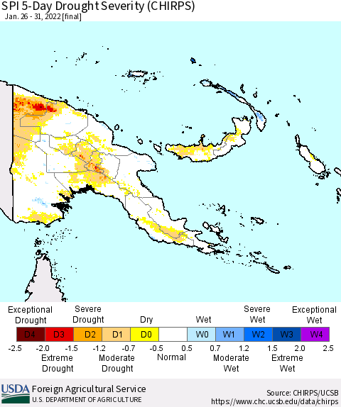 Papua New Guinea SPI 5-Day Drought Severity (CHIRPS) Thematic Map For 1/26/2022 - 1/31/2022