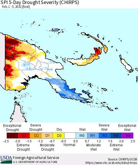 Papua New Guinea SPI 5-Day Drought Severity (CHIRPS) Thematic Map For 2/1/2022 - 2/5/2022