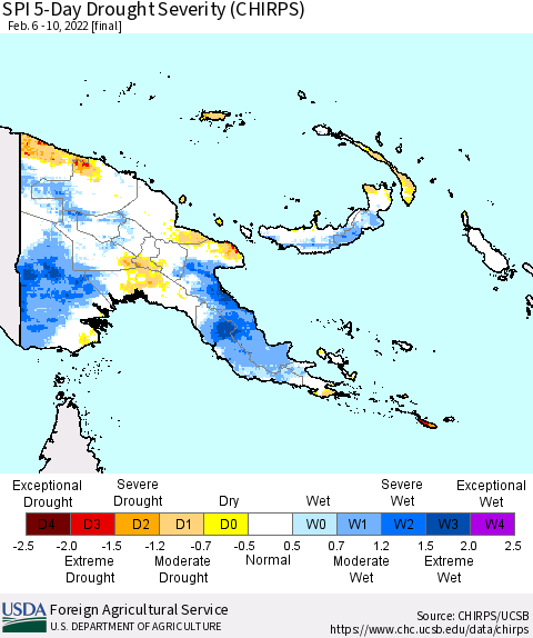 Papua New Guinea SPI 5-Day Drought Severity (CHIRPS) Thematic Map For 2/6/2022 - 2/10/2022