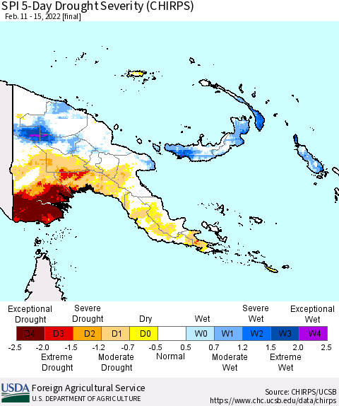 Papua New Guinea SPI 5-Day Drought Severity (CHIRPS) Thematic Map For 2/11/2022 - 2/15/2022