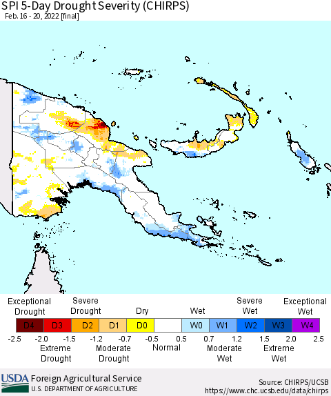 Papua New Guinea SPI 5-Day Drought Severity (CHIRPS) Thematic Map For 2/16/2022 - 2/20/2022