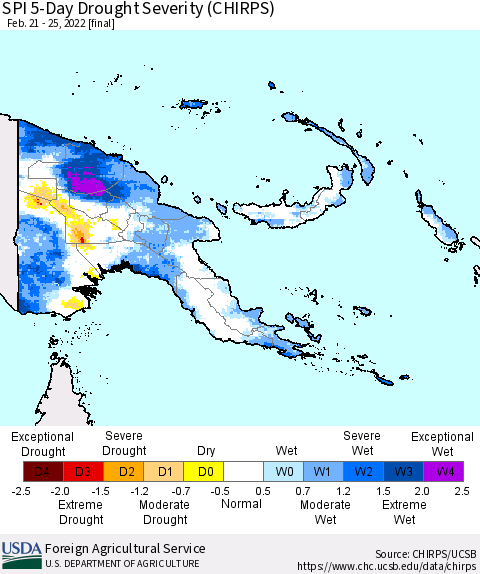 Papua New Guinea SPI 5-Day Drought Severity (CHIRPS) Thematic Map For 2/21/2022 - 2/25/2022