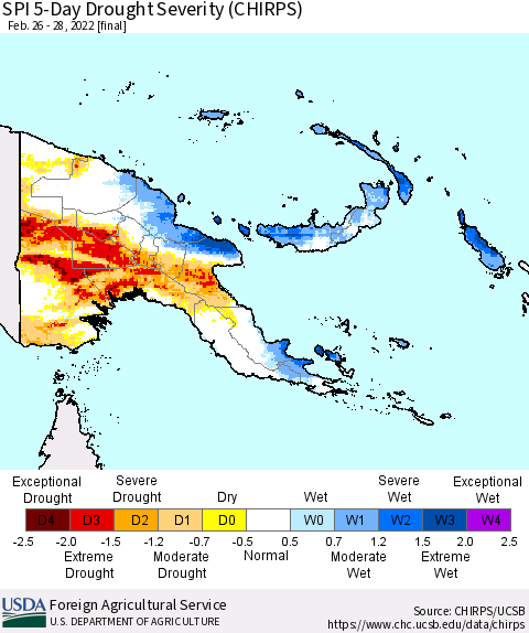 Papua New Guinea SPI 5-Day Drought Severity (CHIRPS) Thematic Map For 2/26/2022 - 2/28/2022
