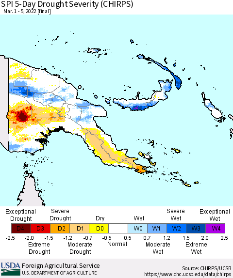 Papua New Guinea SPI 5-Day Drought Severity (CHIRPS) Thematic Map For 3/1/2022 - 3/5/2022