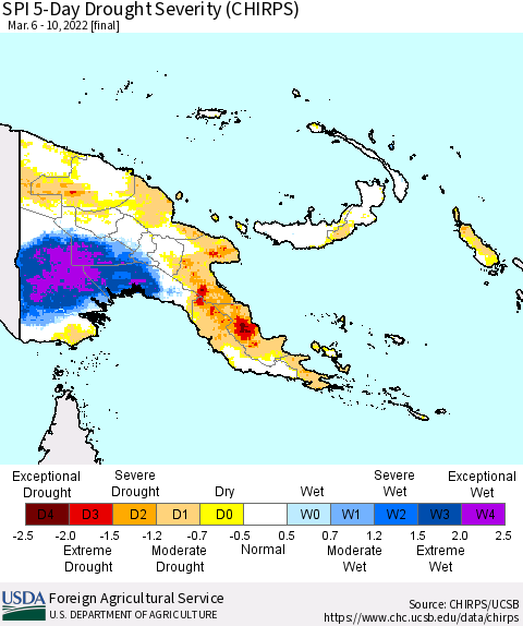 Papua New Guinea SPI 5-Day Drought Severity (CHIRPS) Thematic Map For 3/6/2022 - 3/10/2022