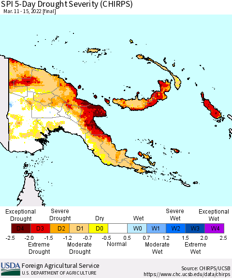 Papua New Guinea SPI 5-Day Drought Severity (CHIRPS) Thematic Map For 3/11/2022 - 3/15/2022