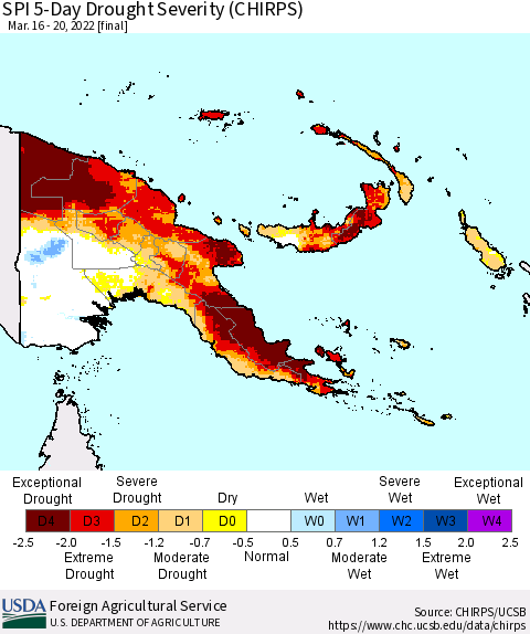 Papua New Guinea SPI 5-Day Drought Severity (CHIRPS) Thematic Map For 3/16/2022 - 3/20/2022
