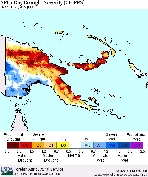 Papua New Guinea SPI 5-Day Drought Severity (CHIRPS) Thematic Map For 3/21/2022 - 3/25/2022