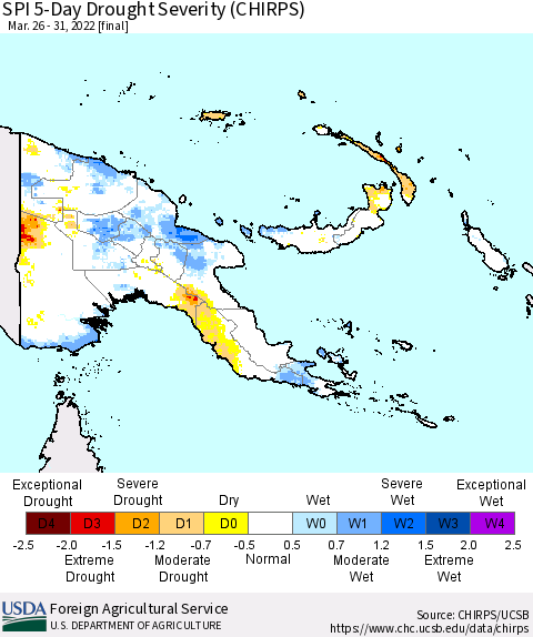 Papua New Guinea SPI 5-Day Drought Severity (CHIRPS) Thematic Map For 3/26/2022 - 3/31/2022