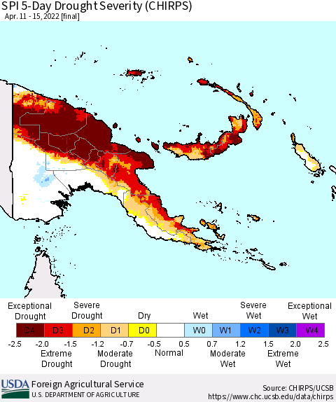 Papua New Guinea SPI 5-Day Drought Severity (CHIRPS) Thematic Map For 4/11/2022 - 4/15/2022