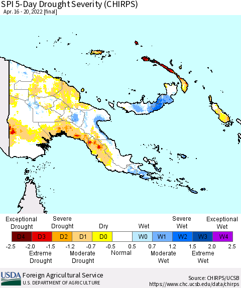 Papua New Guinea SPI 5-Day Drought Severity (CHIRPS) Thematic Map For 4/16/2022 - 4/20/2022
