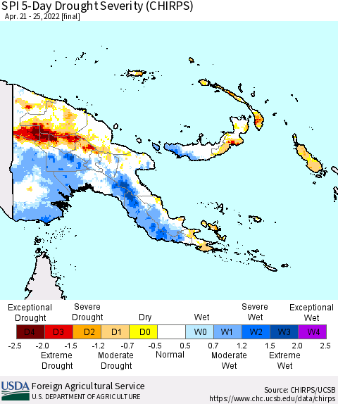 Papua New Guinea SPI 5-Day Drought Severity (CHIRPS) Thematic Map For 4/21/2022 - 4/25/2022