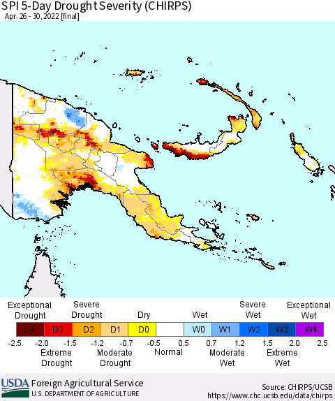 Papua New Guinea SPI 5-Day Drought Severity (CHIRPS) Thematic Map For 4/26/2022 - 4/30/2022