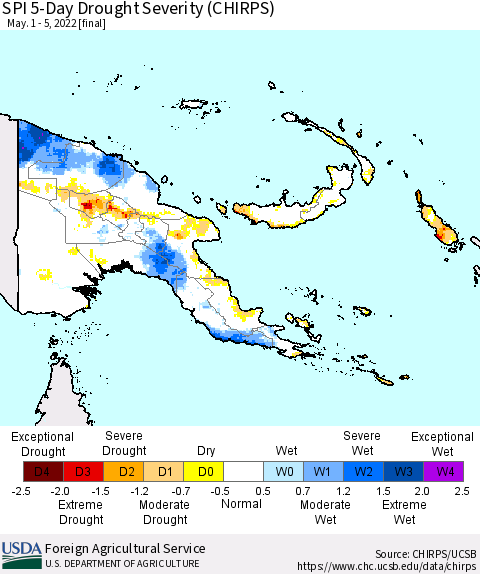 Papua New Guinea SPI 5-Day Drought Severity (CHIRPS) Thematic Map For 5/1/2022 - 5/5/2022