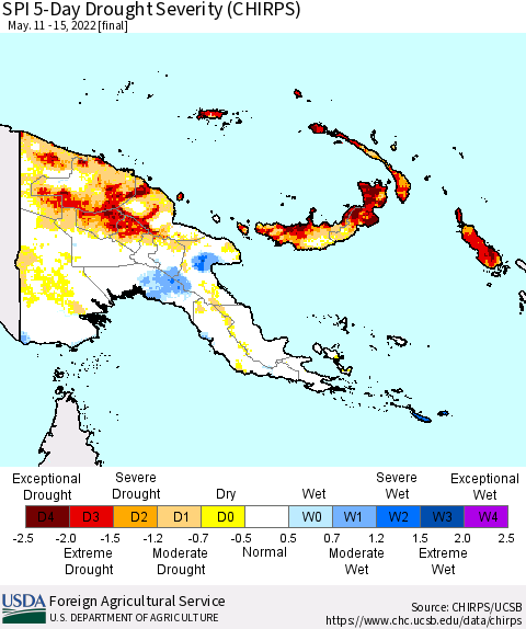 Papua New Guinea SPI 5-Day Drought Severity (CHIRPS) Thematic Map For 5/11/2022 - 5/15/2022