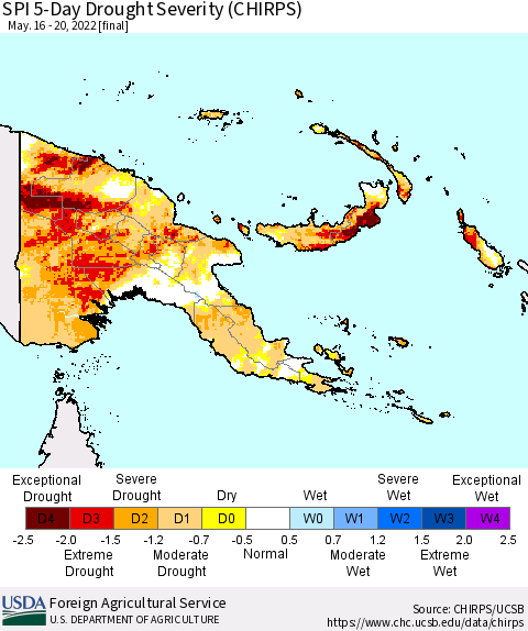 Papua New Guinea SPI 5-Day Drought Severity (CHIRPS) Thematic Map For 5/16/2022 - 5/20/2022