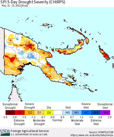 Papua New Guinea SPI 5-Day Drought Severity (CHIRPS) Thematic Map For 5/21/2022 - 5/25/2022