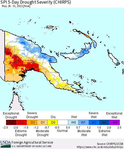 Papua New Guinea SPI 5-Day Drought Severity (CHIRPS) Thematic Map For 5/26/2022 - 5/31/2022