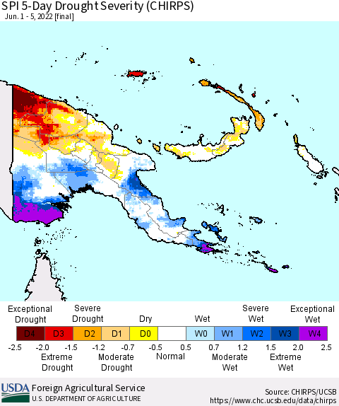 Papua New Guinea SPI 5-Day Drought Severity (CHIRPS) Thematic Map For 6/1/2022 - 6/5/2022