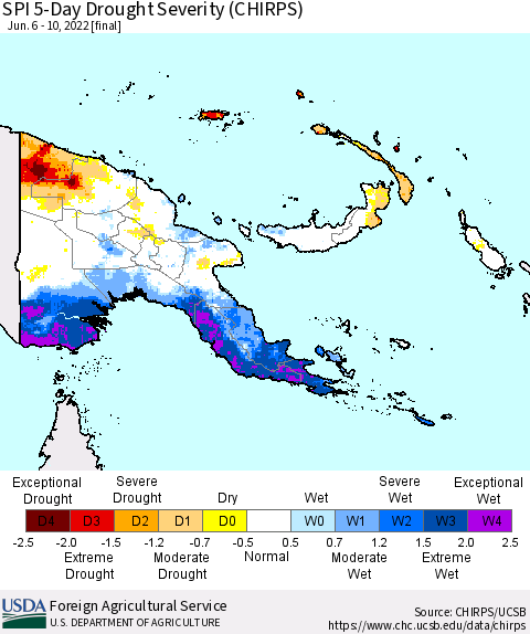 Papua New Guinea SPI 5-Day Drought Severity (CHIRPS) Thematic Map For 6/6/2022 - 6/10/2022