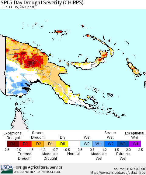Papua New Guinea SPI 5-Day Drought Severity (CHIRPS) Thematic Map For 6/11/2022 - 6/15/2022